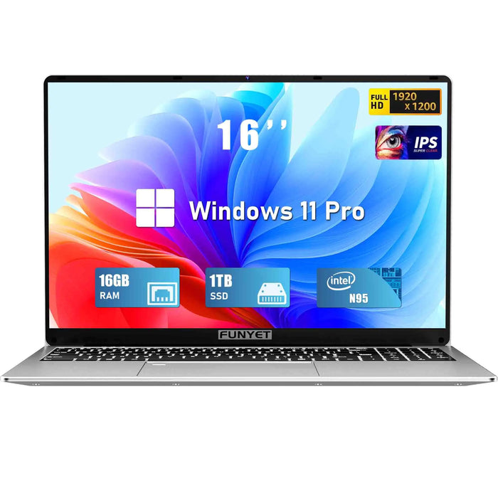 FUNYET 16 Inch Laptop Computer Gaming Laptop 16GB RAM 1TB SSD Intel 12th Gen N95 Processor(up to 3.4GHz) FHD 1920 * 1200 180 Angle Opening Fingerprint Unlock Backlit Keyboard Windows 11 Pro - Gadgetmanic.com