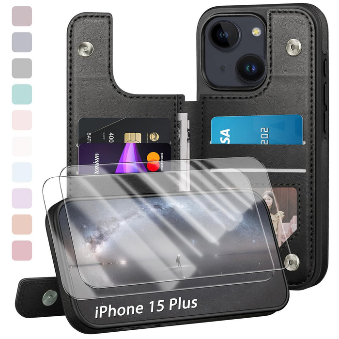 Designed for iPhone 15 Plus Case Wallet Card Holder Case with [2 Screen Protectors][Magnetic Clasp Folio Cover][RFID Blocking Leather] Shockproof Women Men Cases 6.7" for Apple 15 Plus Black