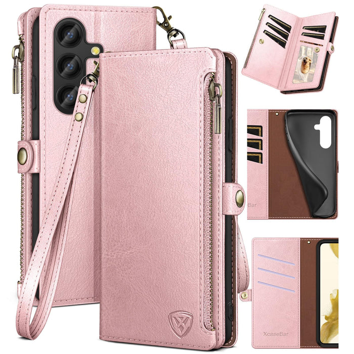 XcaseBar for Samsung Galaxy S24 5G Wallet case with Zipper Credit Card Holder RFID BlockingFlip Folio Book PU Leather Shockproof Protective Cover Women Men for Samsung S24 Phone case Rose Gold