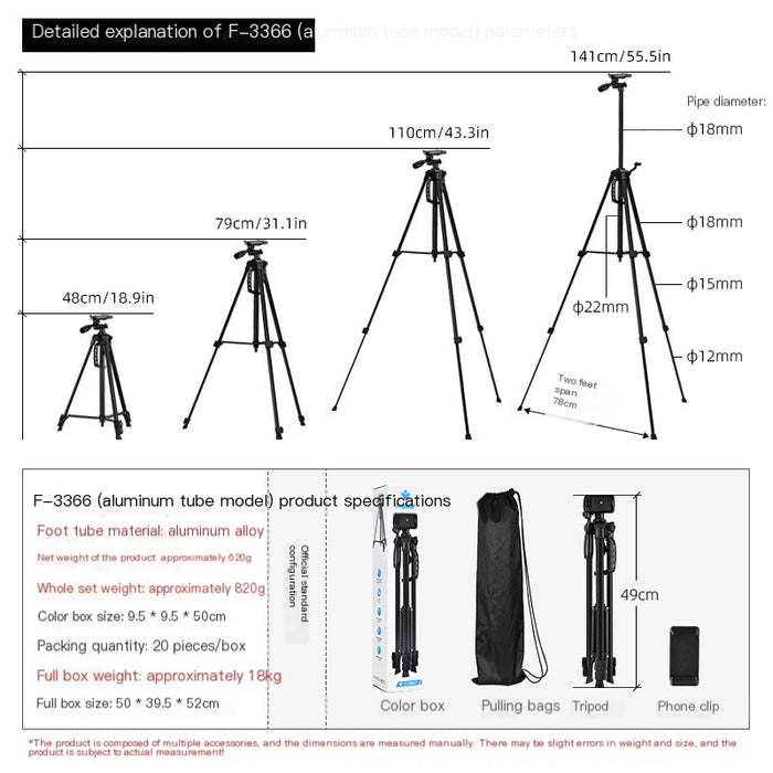F3366 Camera Tripod 360 Live Stand 1.4m Fishing Light