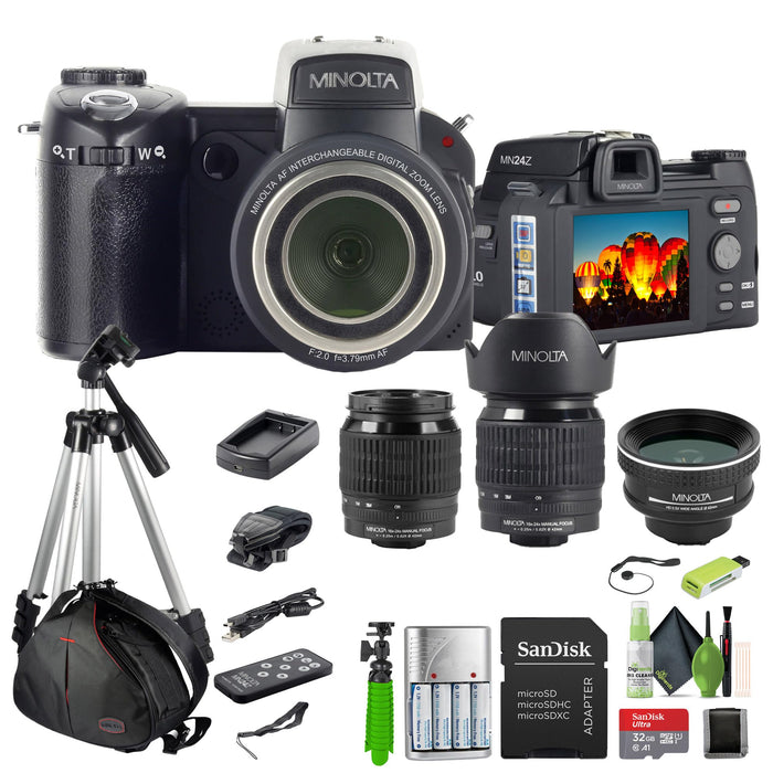 MINOLTA MN24Z 33 MP Autofocus / 1080P FHD Digital Camera w/Interchangeable Lens Kit (Black) Bundle with 4xAA with Charger + 32GB Memory Card + Vlogging Tripod + Accessories