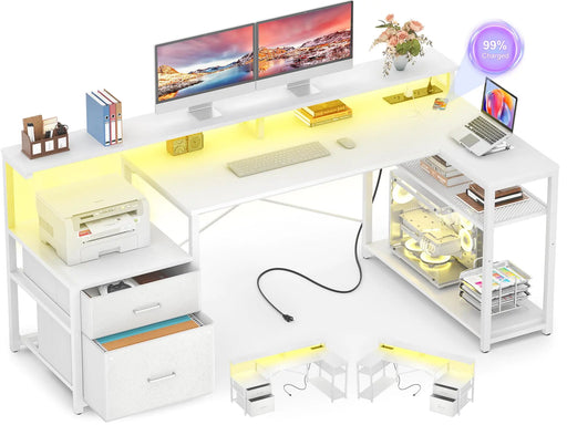 Aheaplus L Shaped Desk with File Drawer Reversible L Shaped Computer Desk Gaming Desk with Power Outlet & LED Strip Home Office Desk with Monitor Shelf Corner Desk with Storage Shelves White - Gadgetmanic.com