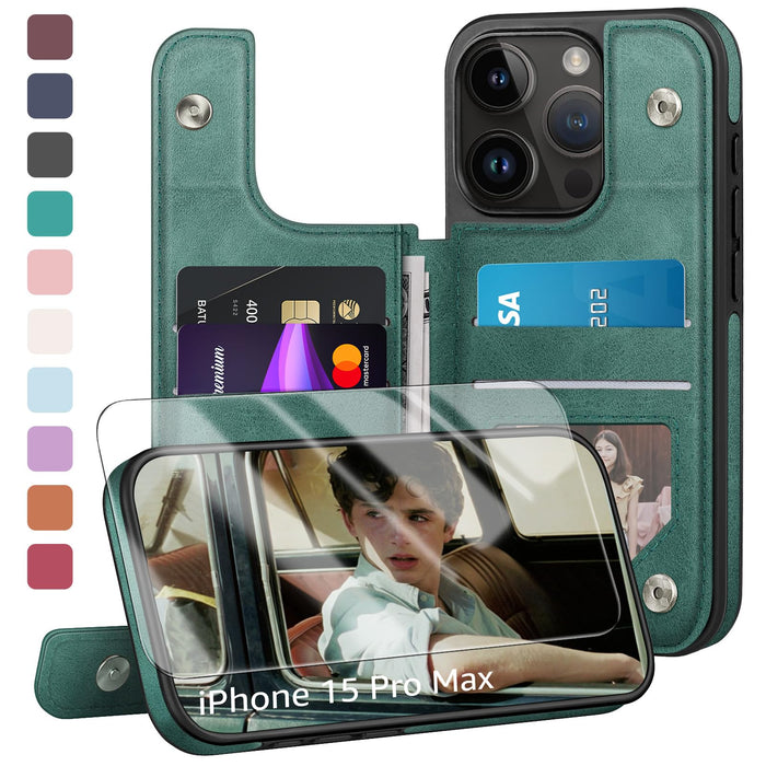 Designed for iPhone 15 Pro Max Case Wallet Card Holder Case with [2 Screen Protectors][Magnetic Clasp Folio Cover][RFID Blocking Leather] Shockproof Women Men Cases 6.7" for Apple 15 ProMax Sea Green