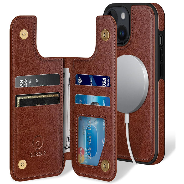 DJBEAR for iPhone 13 6.1" Phone case[Compatible with magsafe][RFID Blocking Leather][Magnetic 2-in-1 Detachable][Back Flip Folio Wallet Cases] Shockproof Men Women Cover for Apple 13 Brown