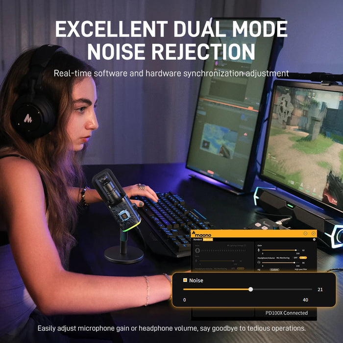 Maono PD100X Gaming Microphone with Computer Software Live Streaming Software Mute Gain Volume Control Noise Cancellation
