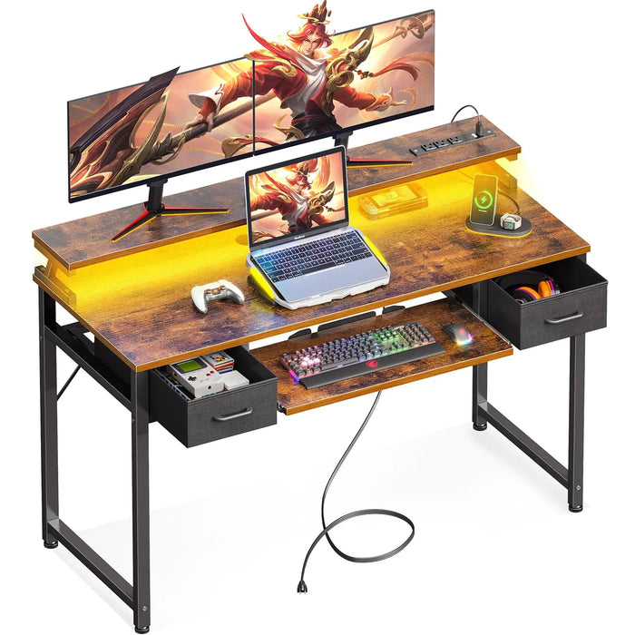 ODK Computer Desk Office Table 48 Inch Gaming Desk with Led Lights and Power Outlet Office Desk with Drawers and Keyboard Tray PC Desk with Monitor Stand Work Desk for Home Office Rustic Brown - Gadgetmanic.com